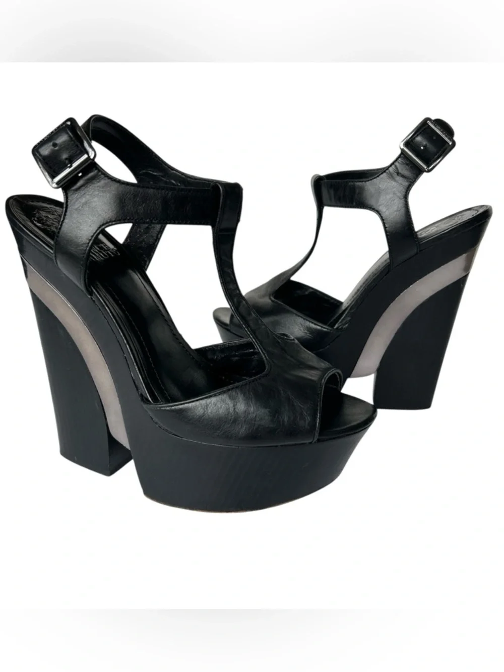 Vince Camuto Babe Black Platform Heels 8.5 Strappy T-Strap Chunky Y2K Indie Boho
